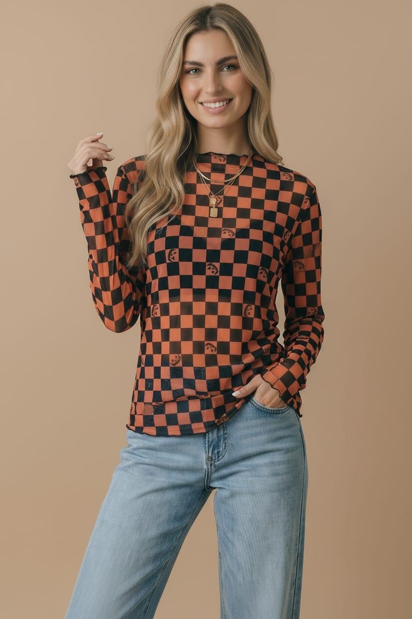 Halloween Pumpkin Checker Mesh Sheer Top | Orange/Black