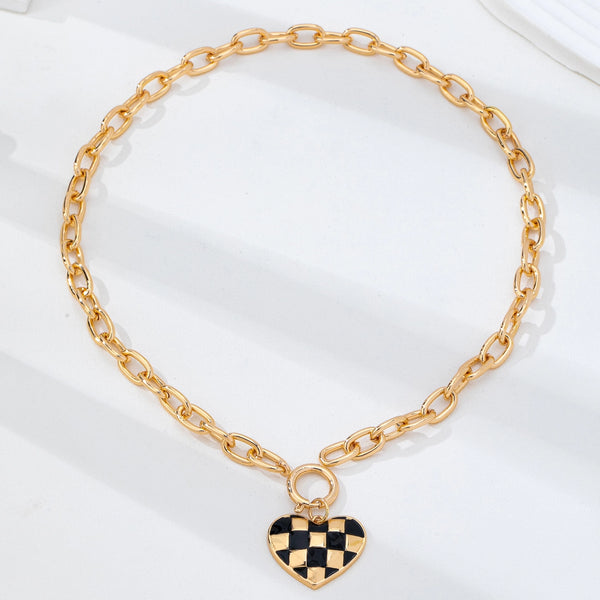 Checkered Heart Front Toggle Necklace | Gold/Black