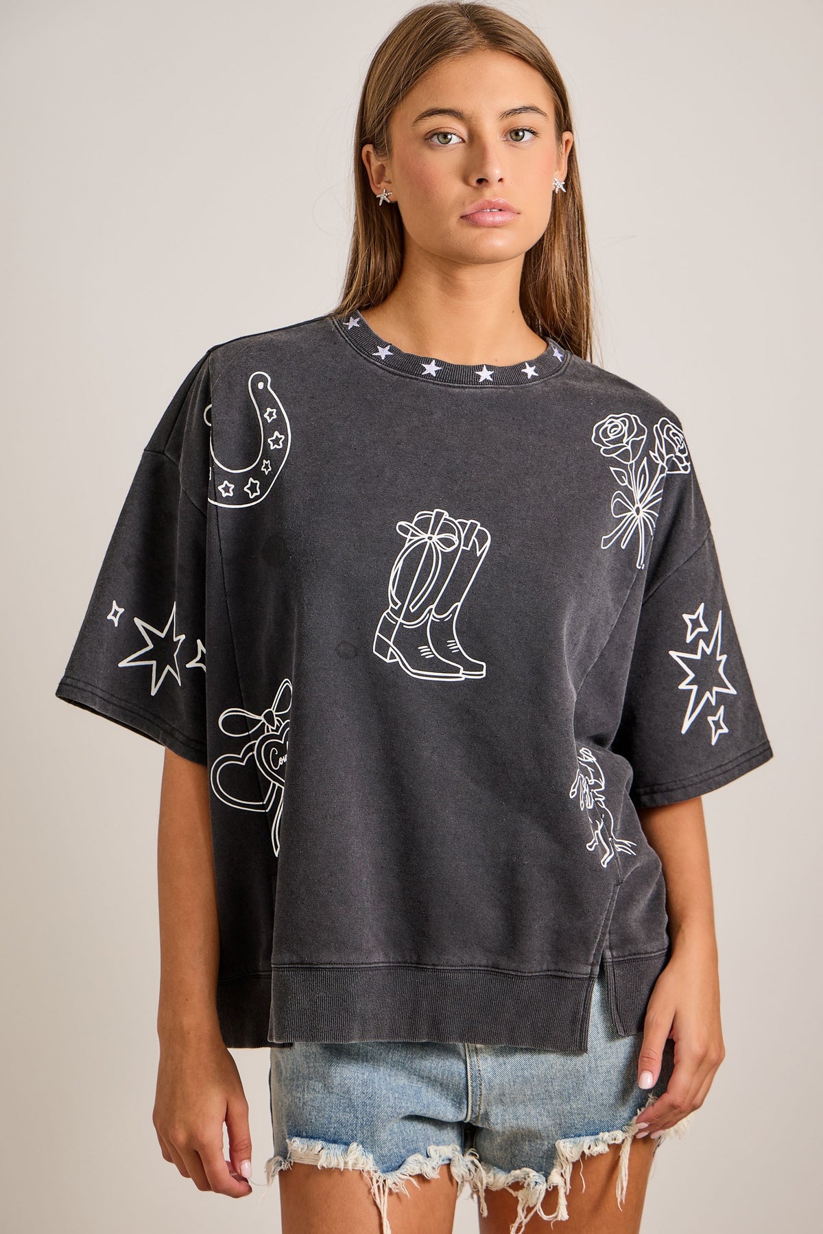 Mineral Washed Western Theme Oversized Top | Vintage Black