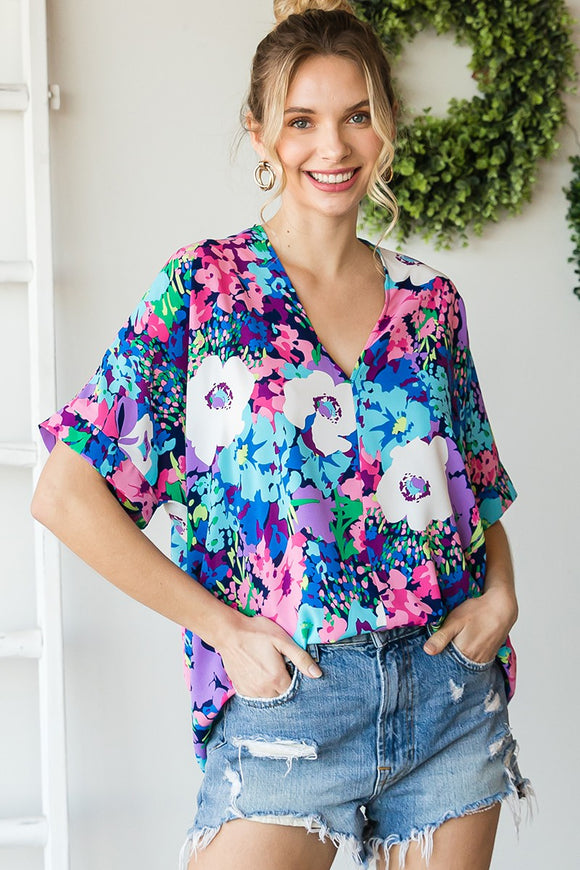 Floral Loose Fit Boxy Top | Navy Mix