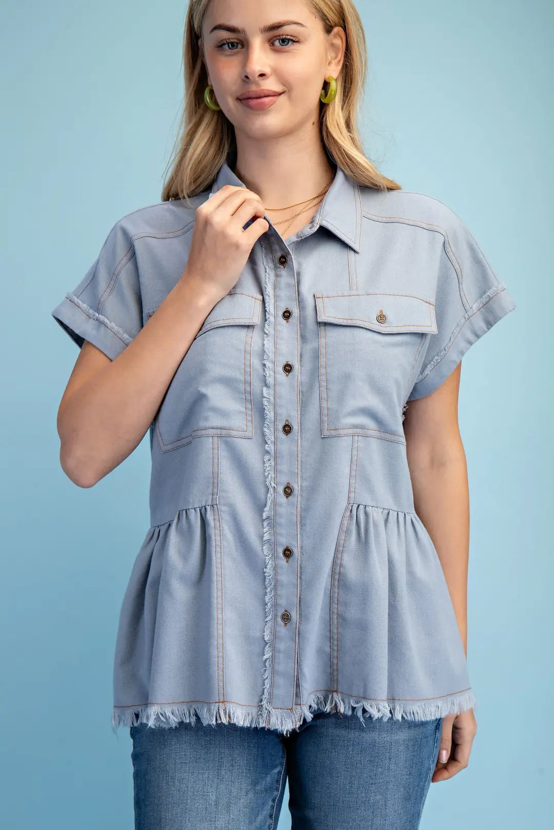 Linen Button Up Peplum Frayed Top | Light Denim