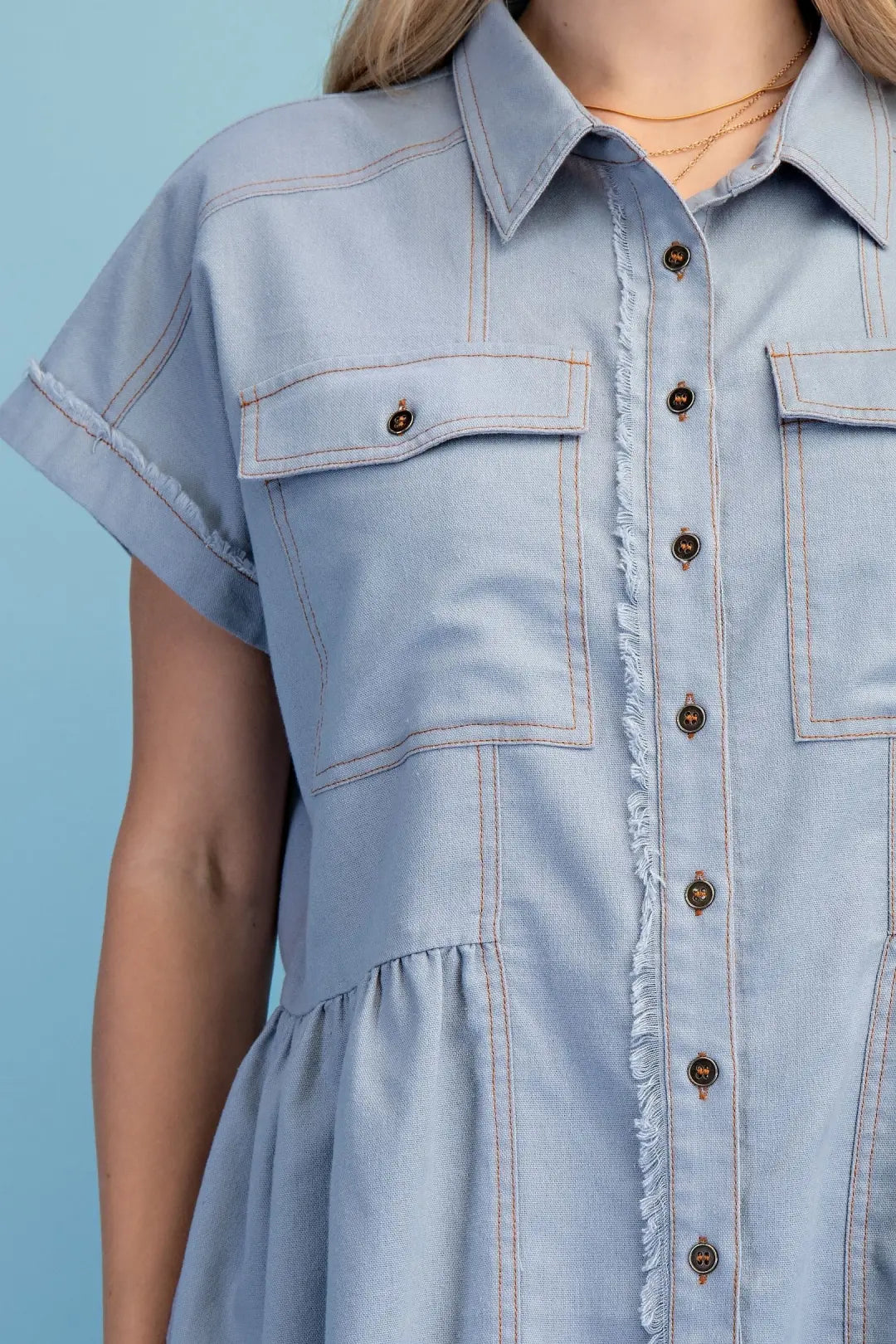 Linen Button Up Peplum Frayed Top | Light Denim
