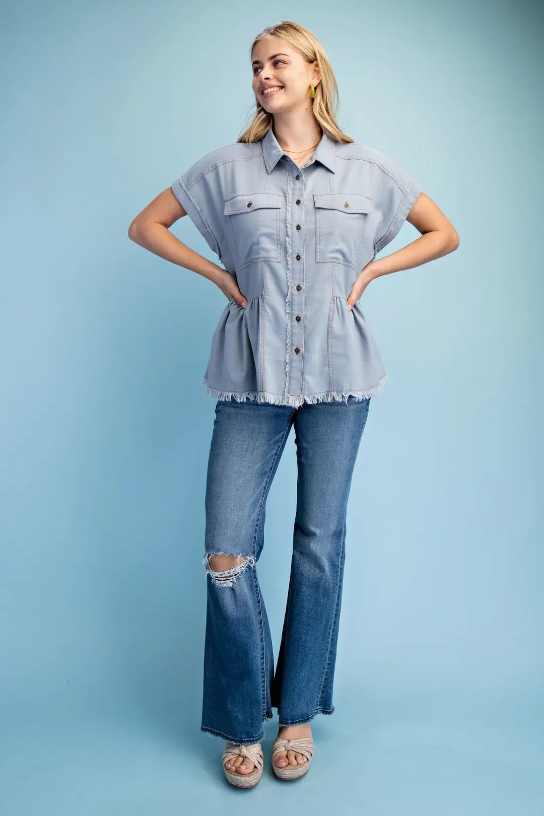 Linen Button Up Peplum Frayed Top | Light Denim