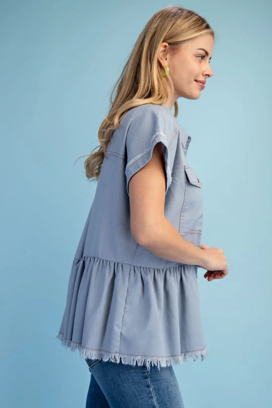 Linen Button Up Peplum Frayed Top | Light Denim