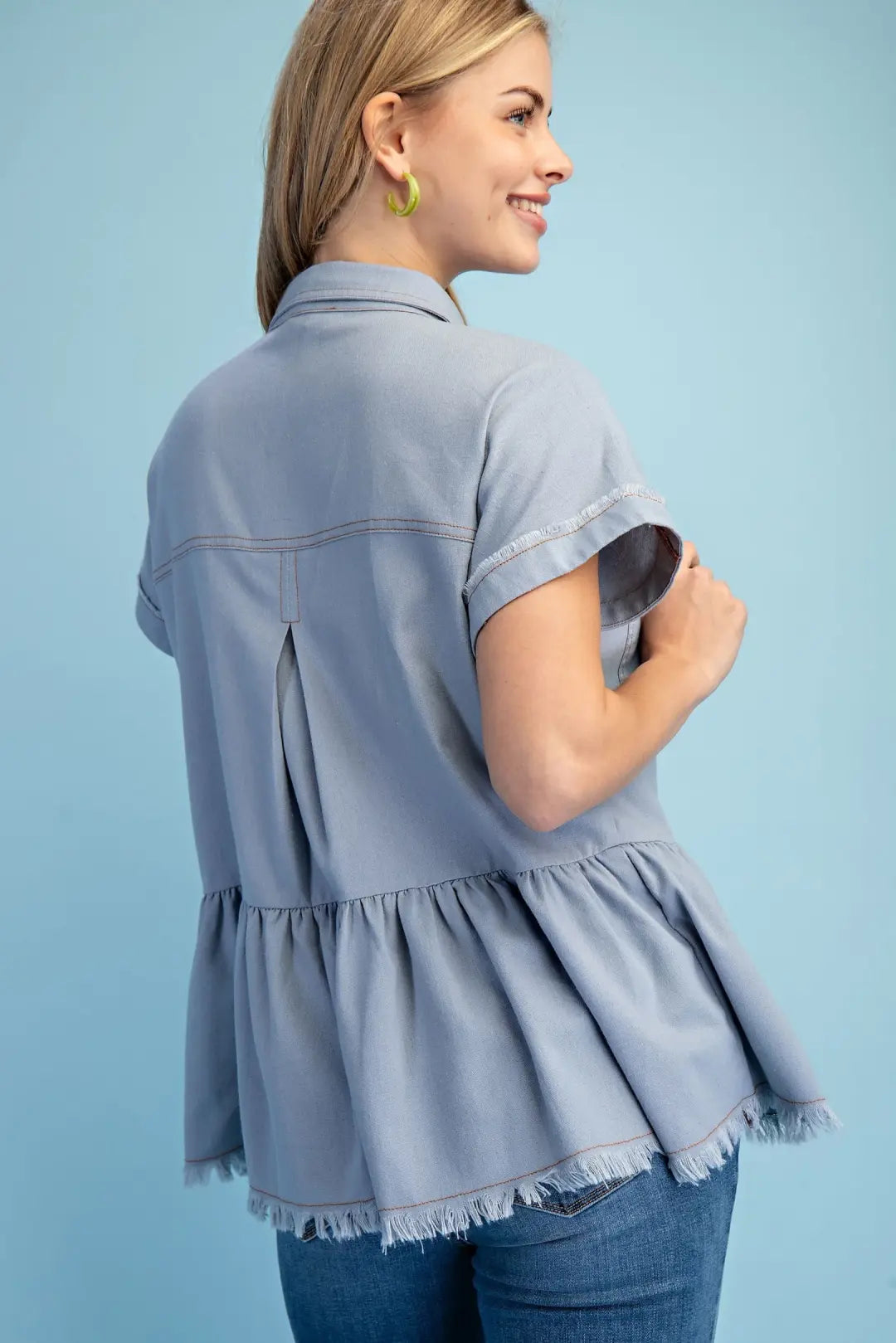 Linen Button Up Peplum Frayed Top | Light Denim