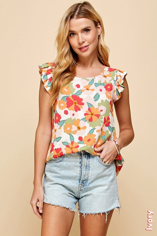 Floral Ruffle Sleeve Top | Ivory Mix