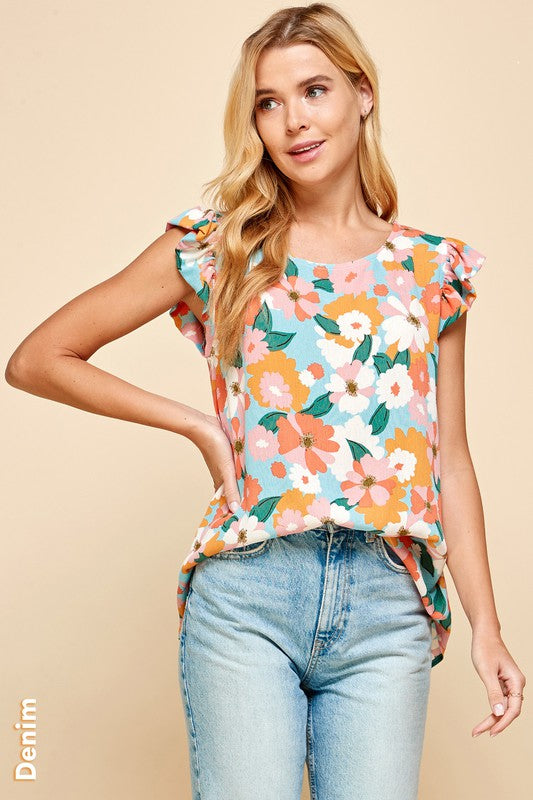 Floral Ruffle Sleeve Top | Blue Mix