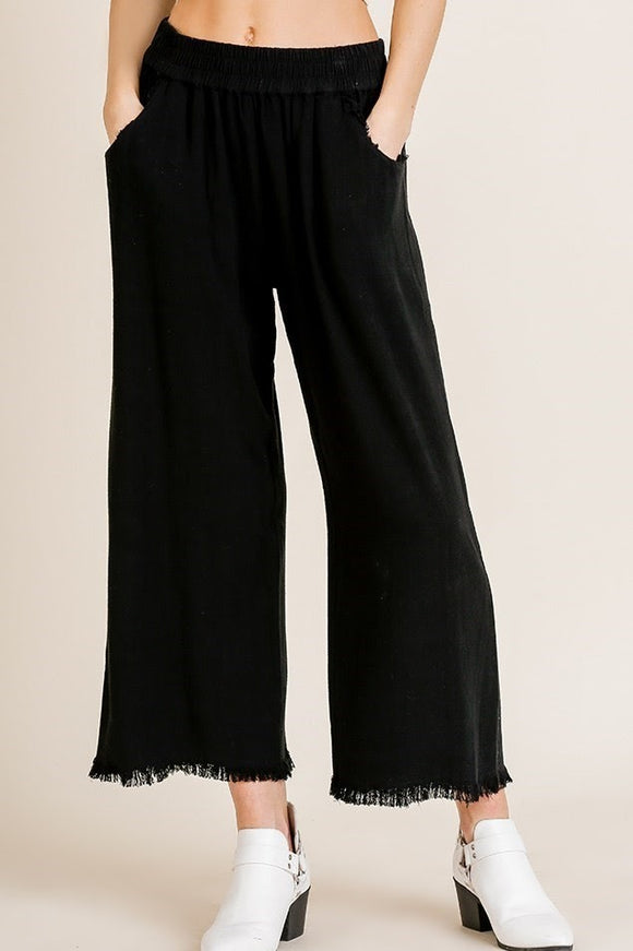 Linen Frayed Wide Leg Pants | Black