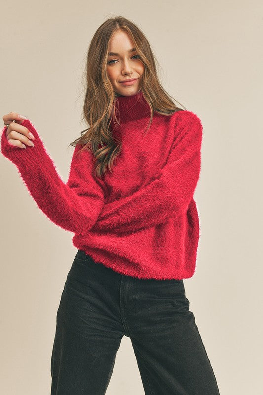 Fuzzy Turtleneck Sweater | Red