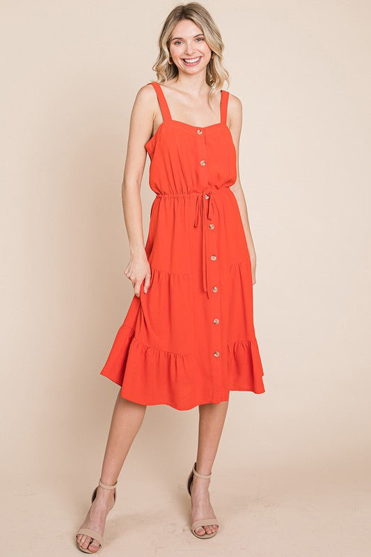 Tiered Button Midi Dress | Red Orange