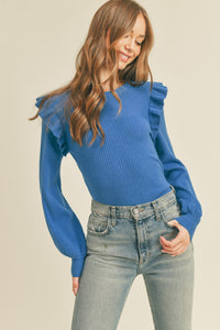 Ruffle Shoulder Crew Neck Sweater | Cobalt Blue