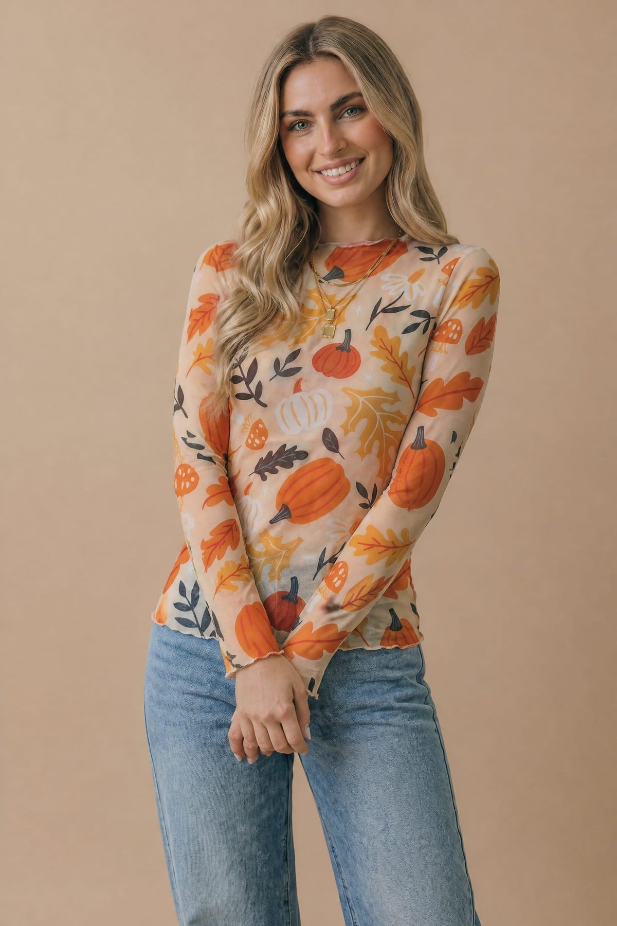 Pumpkin Mesh Sheer Top | Cream/Rust