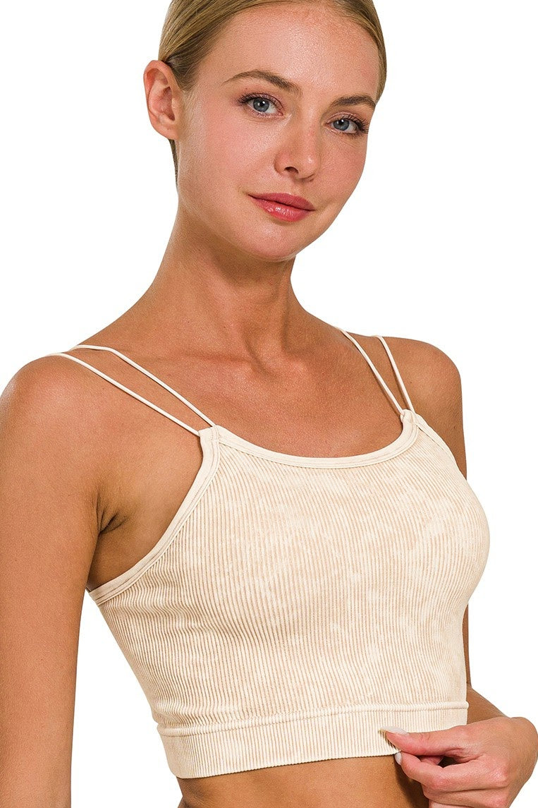Washed Ribbed Double Strap Brami | Sand Beige