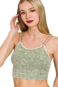 Washed Ribbed Double Strap Brami | Light Olive