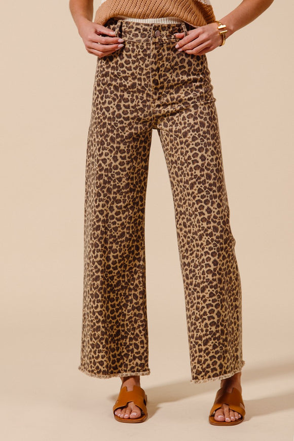 Leopard Twill Frayed Wide Leg Pants | Mid Rise