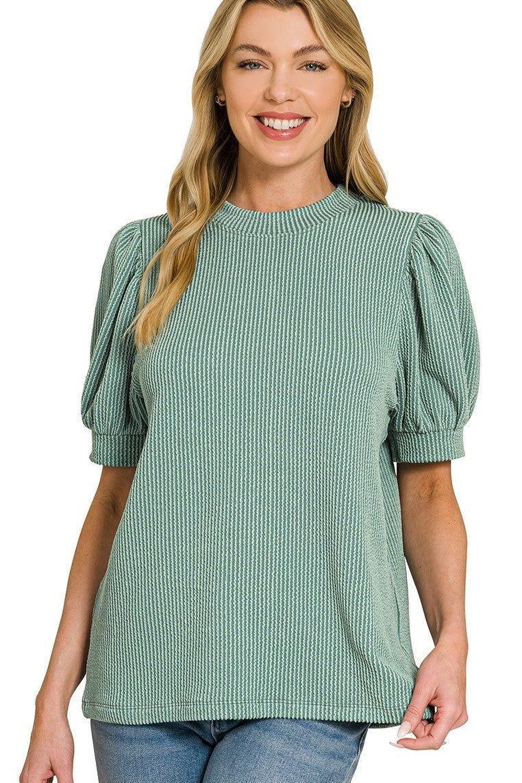 Raised Rib Puff Sleeve Top | Jade
