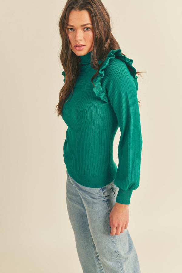 Ruffle Shoulder Turtleneck Sweater Top | Alpine Green