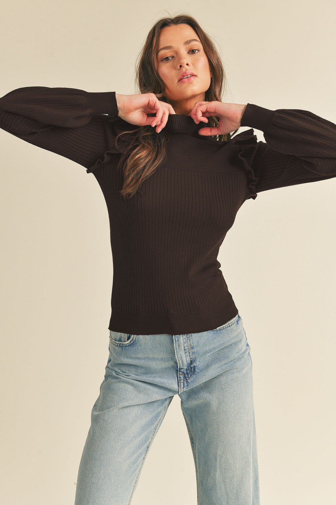 Ruffle Shoulder Turtleneck Sweater Top | Chocolate Brown