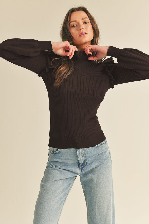 Ruffle Shoulder Turtleneck Sweater Top | Chocolate Brown