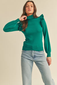 Ruffle Shoulder Turtleneck Sweater Top | Alpine Green