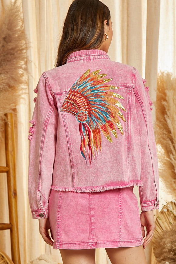Denim Indian Headdress Embroidered Jacket | Pink
