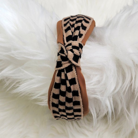Checker Fabric Knot Headband | Camel