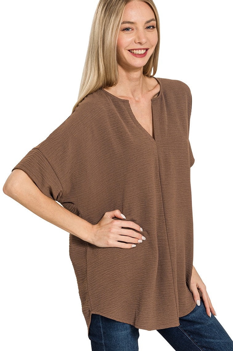 Woven Airflow Split Neck Top | Brown