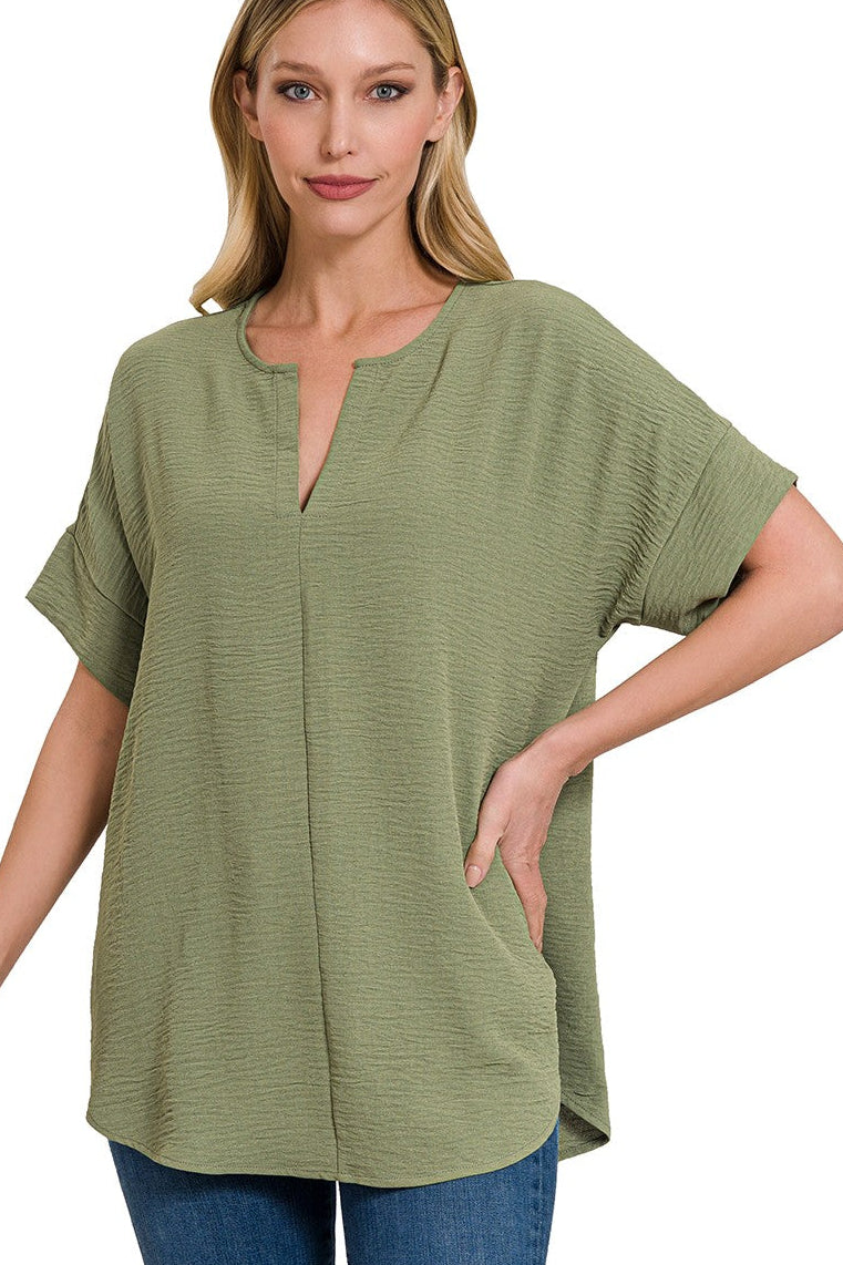 Woven Airflow Split Neck Top | Light Olive