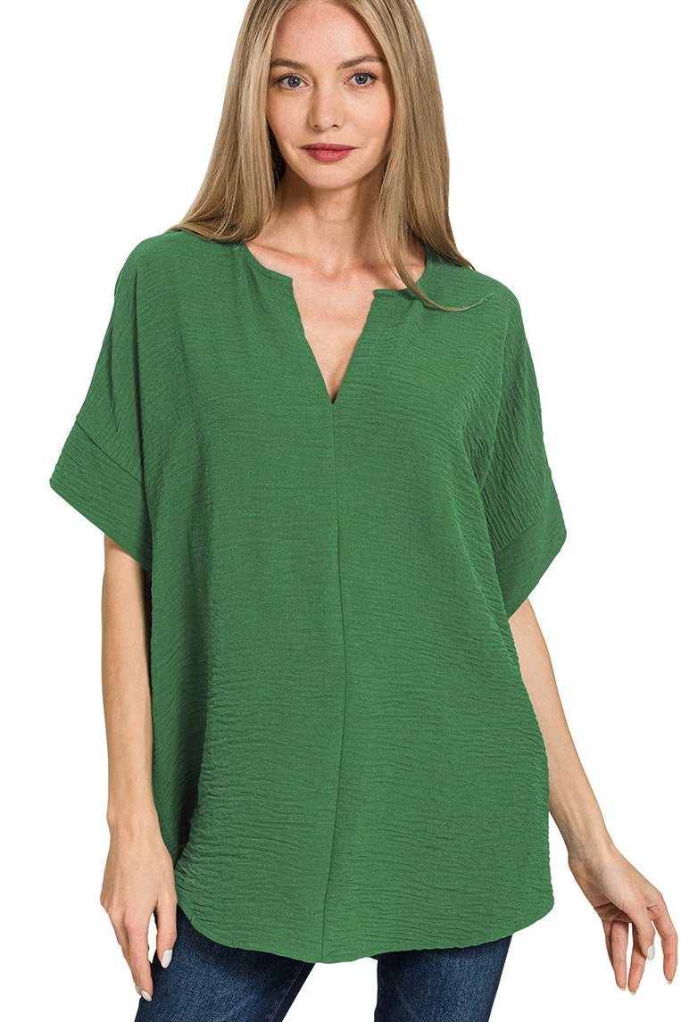 Woven Airflow Split Neck Top | Dark Green