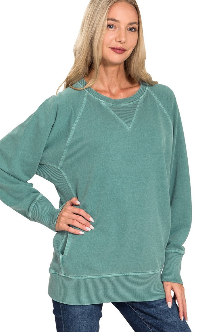 Pigment Dyed French Tery Pullover Sweater Top | Teal