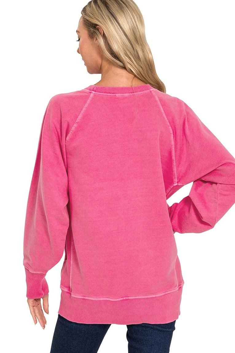 Pigment Dyed French Tery Pullover Sweater Top | Hot Pink