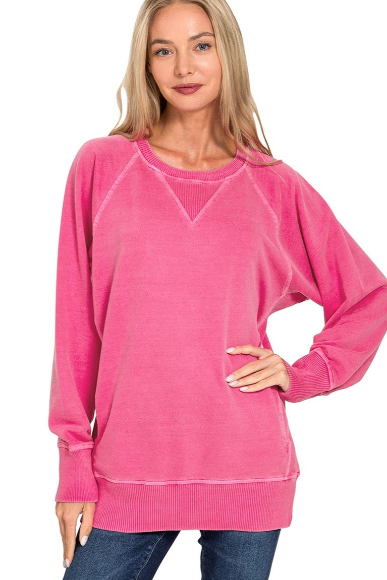 Pigment Dyed French Tery Pullover Sweater Top | Hot Pink