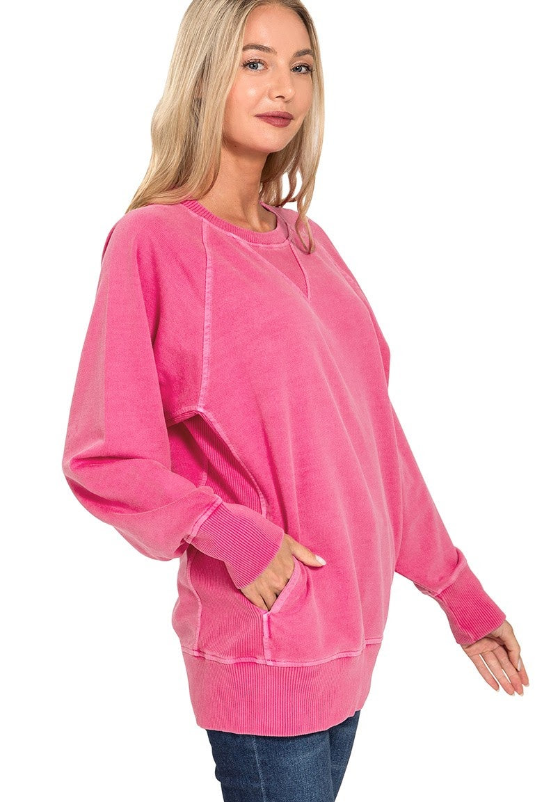 Pigment Dyed French Tery Pullover Sweater Top | Hot Pink