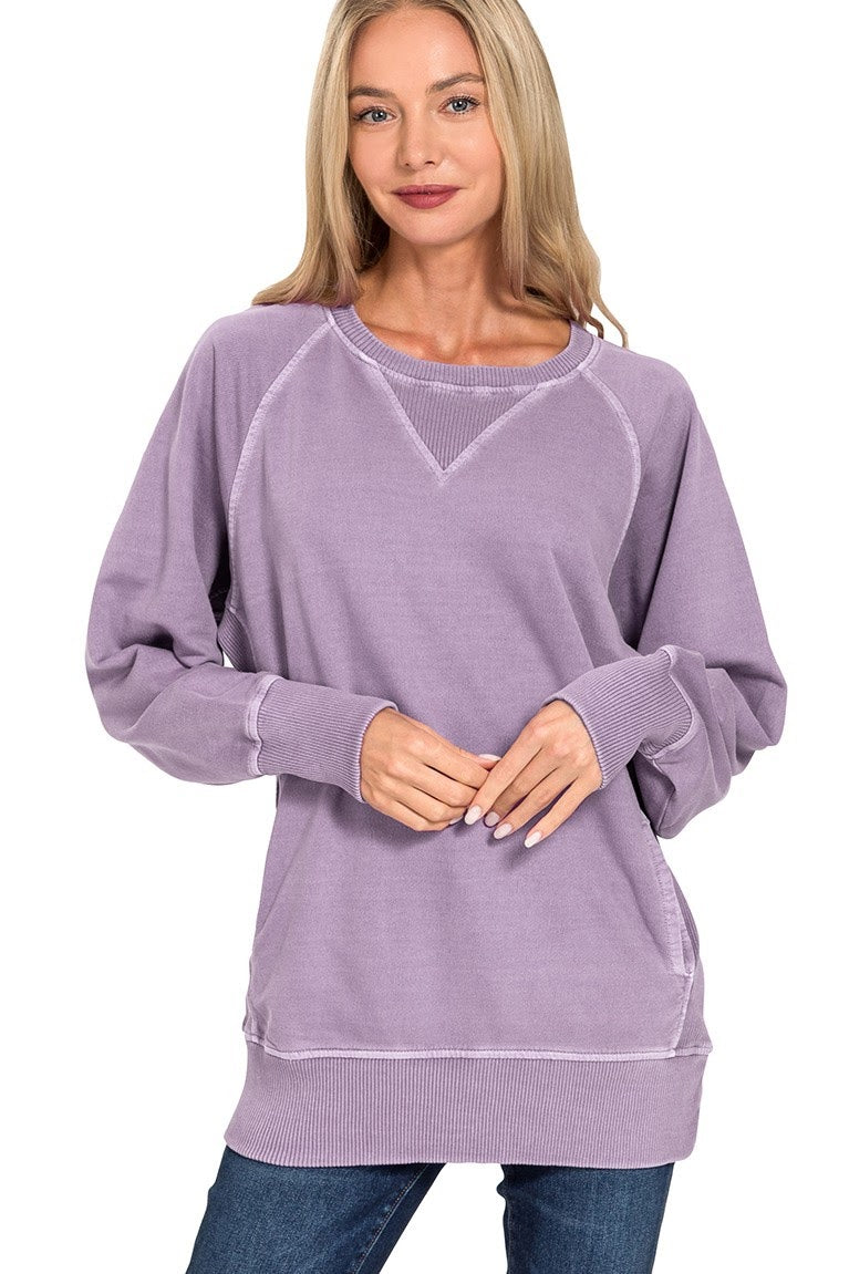 Pigment Dyed French Tery Pullover Sweater Top | Plum