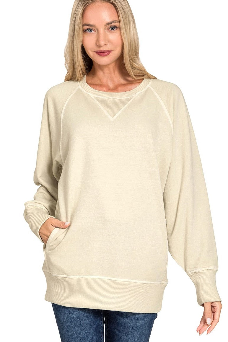Pigment Dyed French Tery Pullover Sweater Top | Sand Beige