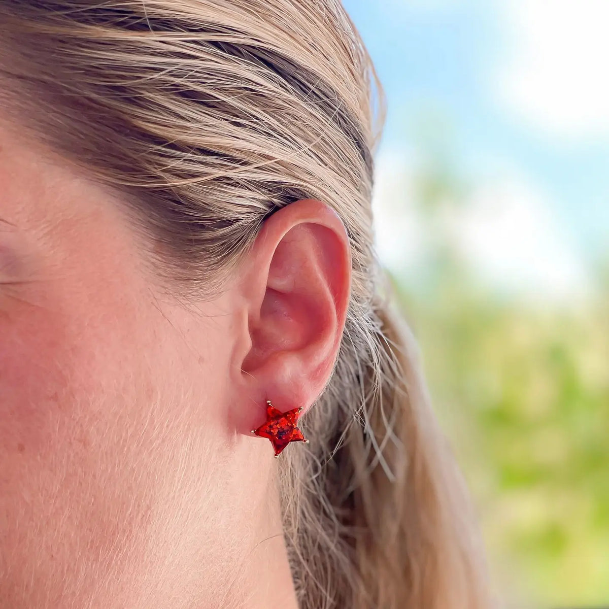 Glittery Star Stud Earrings | Red