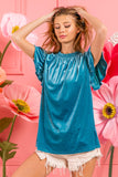 Velvet Ruffle Sleeve Top | Turquoise