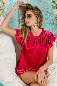 Velvet Ruffle Sleeve Top | Fuchsia