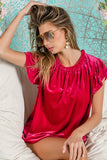 Velvet Ruffle Sleeve Top | Fuchsia