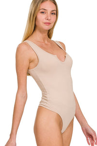 Microfiber Split Neck Bodysuit | Sand Beige