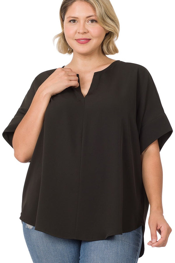 Split Neck Woven Airflow Top | Black