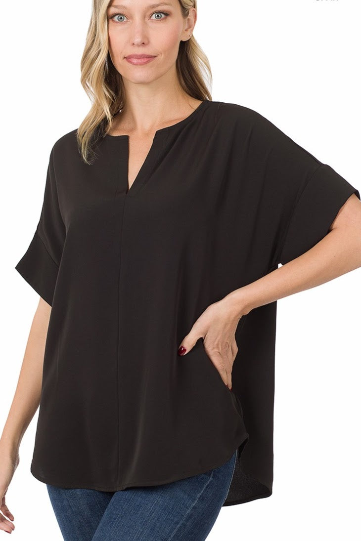 Split Neck Woven Airflow Top | Black
