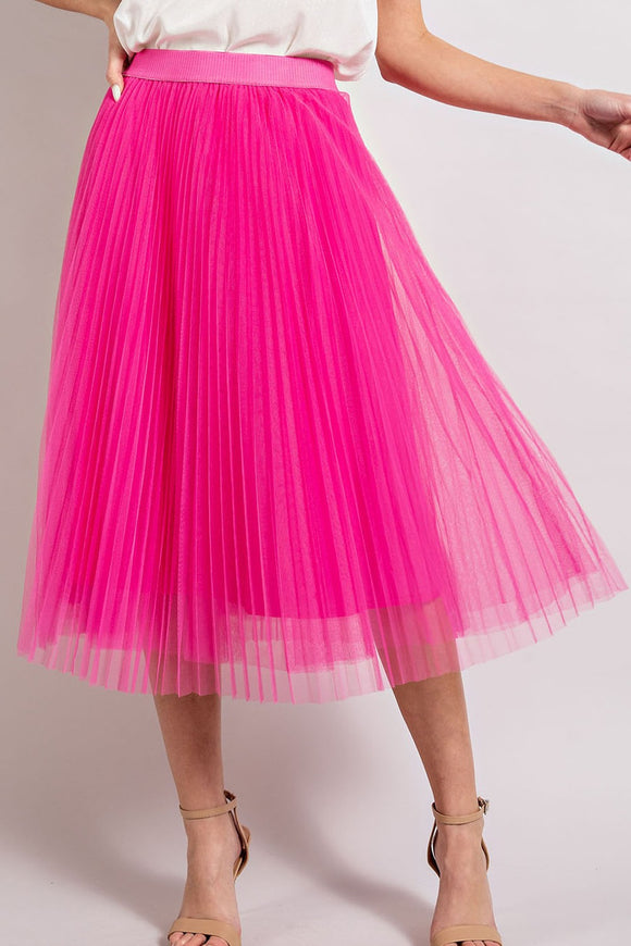 Mesh Pleated Midi Skirt | Hot Pink