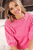 Pearl Beaded Short Sleeve Sweater Top | Hot Pink