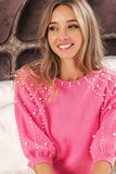 Pearl Beaded Short Sleeve Sweater Top | Hot Pink