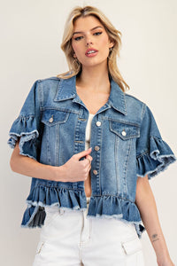 Ruffled Edge Short Sleeve Denim Jacket | Medium Wash