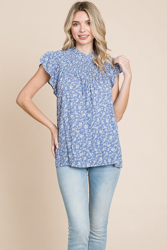 Flutter Sleeve Smocked Ditsy Floral Top | Blue
