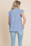 Flutter Sleeve Smocked Ditsy Floral Top | Blue