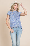 Flutter Sleeve Smocked Ditsy Floral Top | Blue