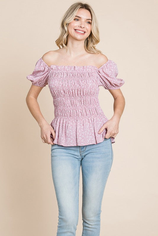 Ruched Ditsy Floral Smocked Top | Dusty Rose
